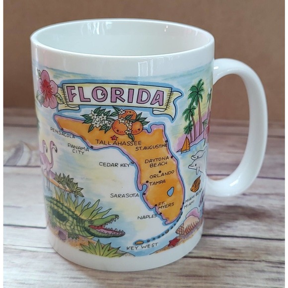Florida Mug Dolphins Flamingos Gator Map American Gift Collector Souvenir A3 - Picture 1 of 3